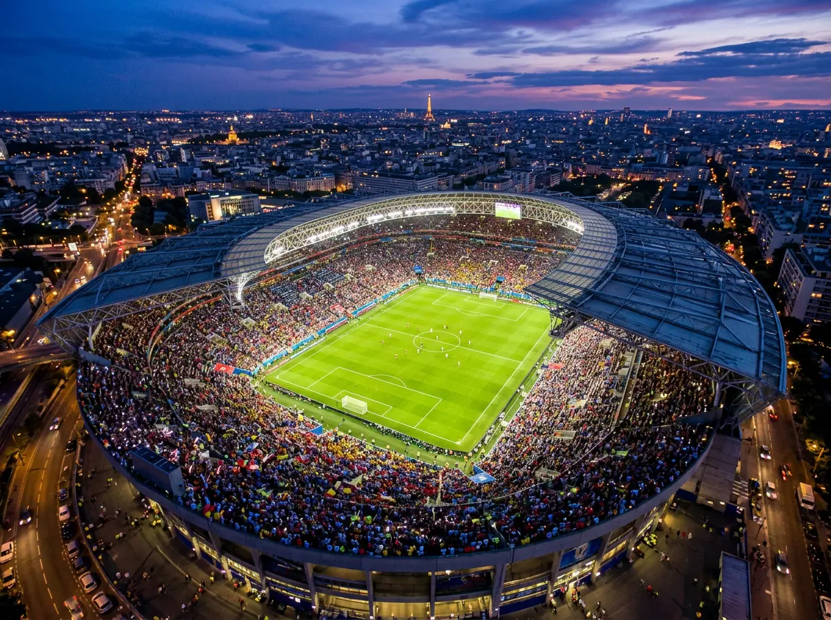 Vue aérienne d'un stade de football rempli de spectateurs lors d'un match en soirée